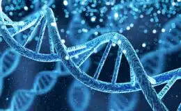 Highly detailed 3D illustration of a DNA double helix with a glowing blue background, showcasing genetics and molecular biology.