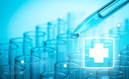 pipette drops into vial blue background
